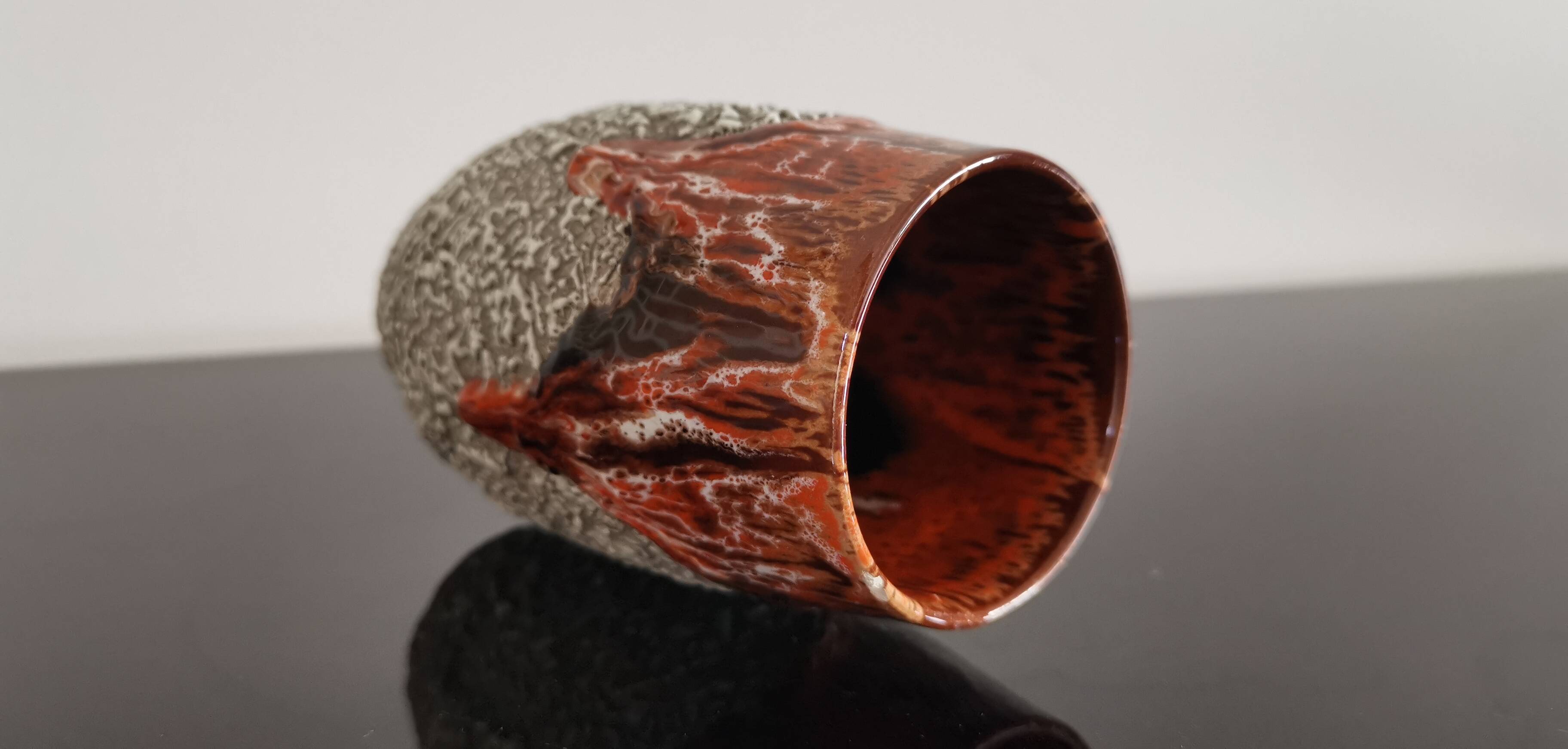 Zoomorphic vase in fat lava orange/brown flamed Vallauris style ceramic