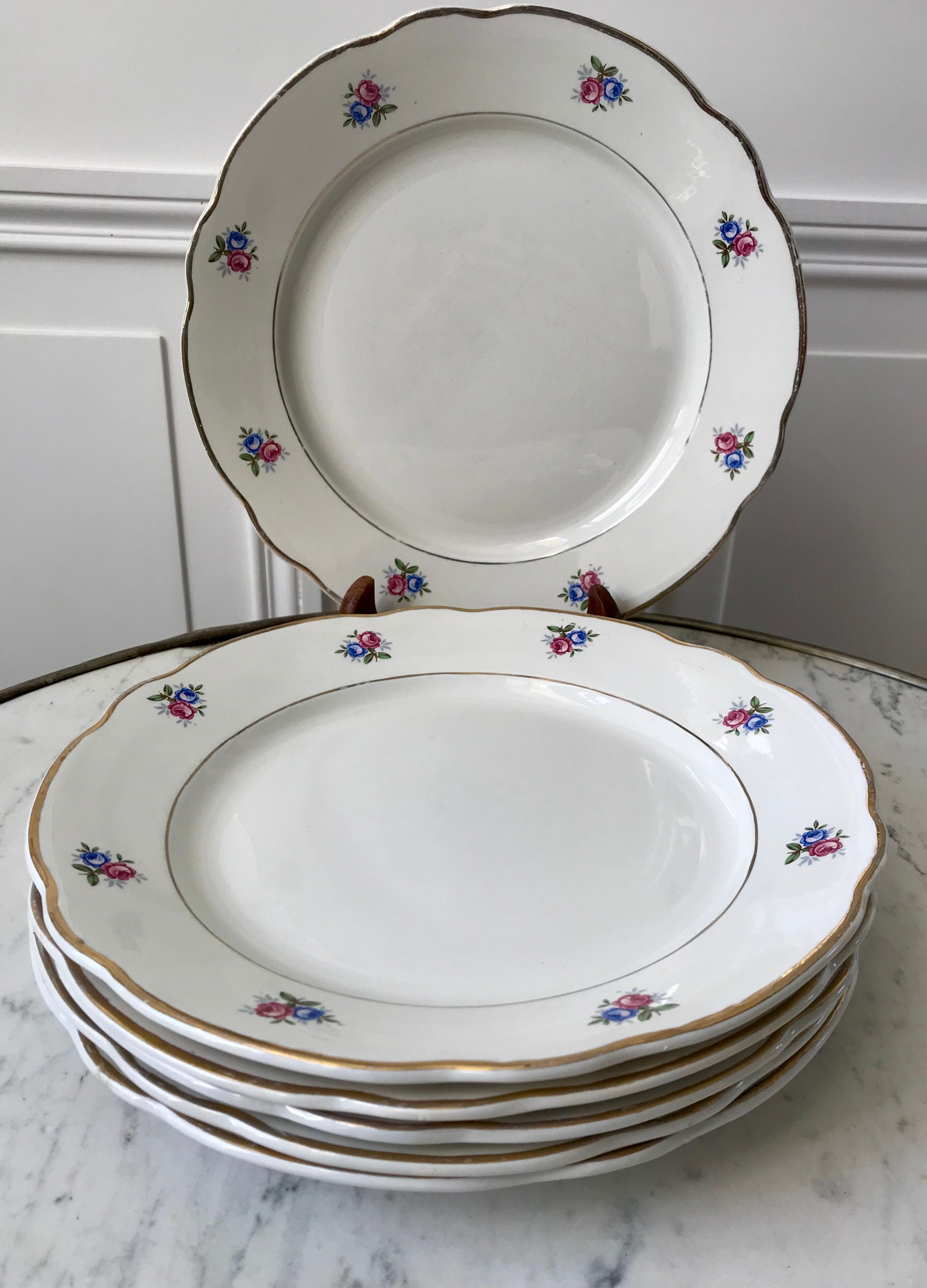 set of 6 flat plates Digoin Sarreguemines small flowers 50s