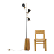 Large 3-light floor lamp in metal, brass and solid wood, 197cm.