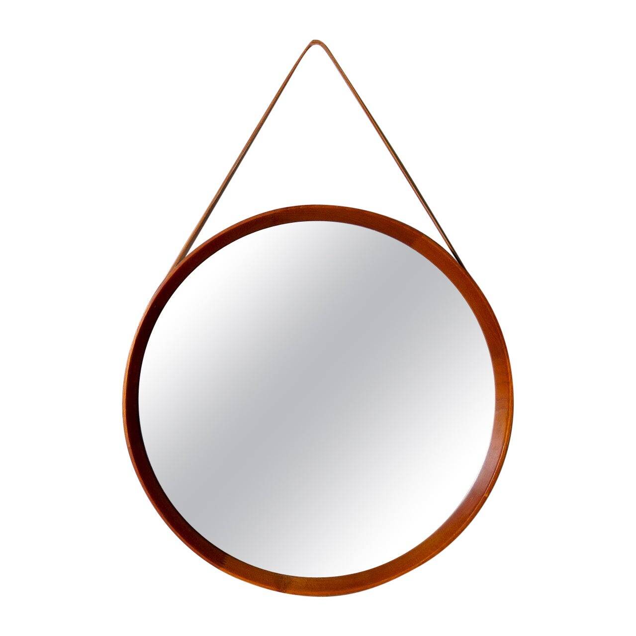 Modern mid-century round mirror in leather and teak by Glas & Trä Hovmantorp Sweden