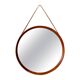 Modern mid-century round mirror in leather and teak by Glas & Trä Hovmantorp Sweden