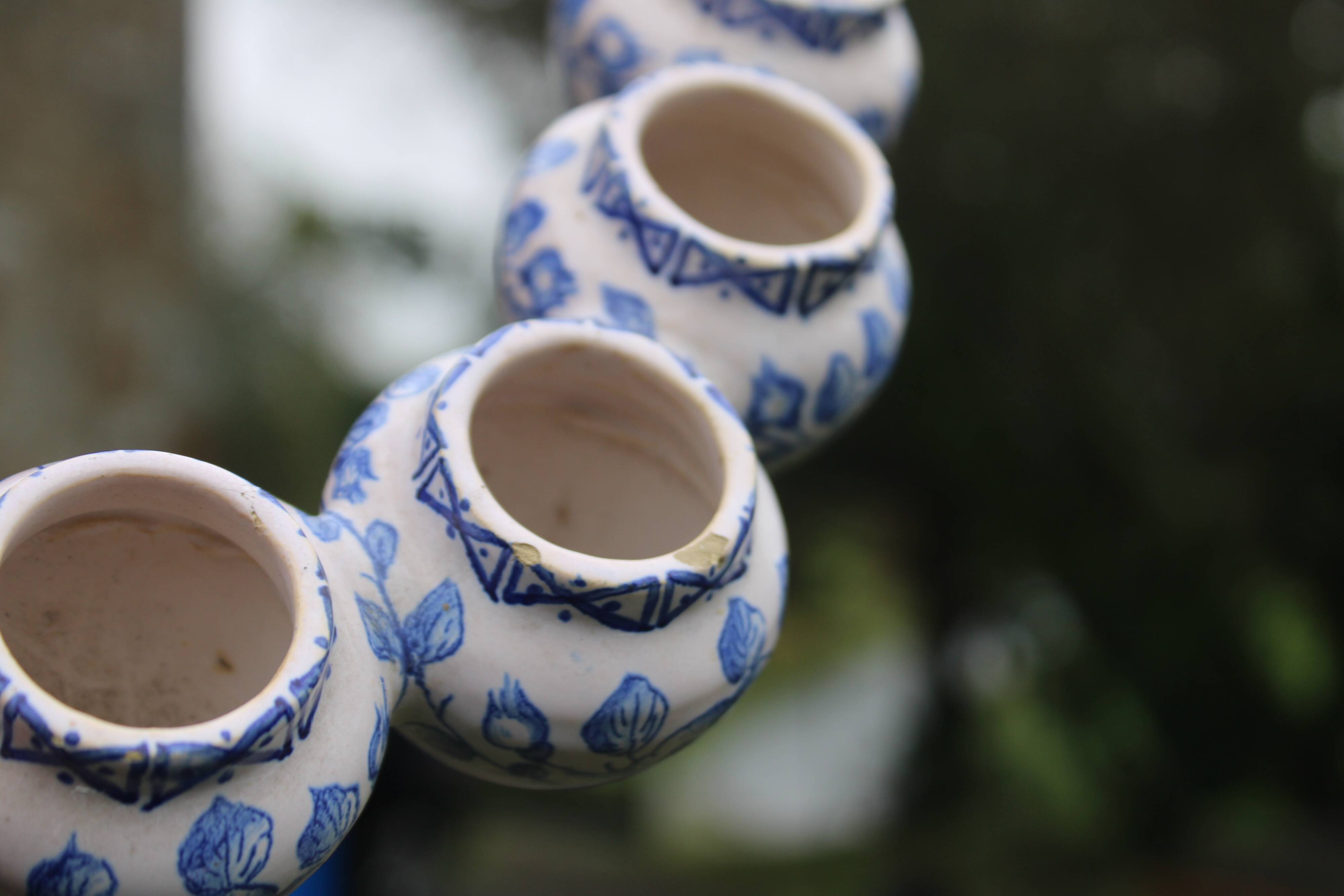 Pair of antique blue ceramic candlesticks • Apothecary size 5x2 (10 burners)