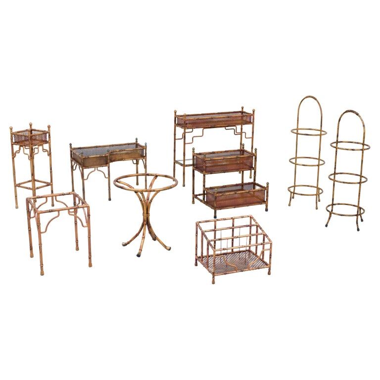 Set of 9 planters and small tables in faux bamboo with glass top, France, 1970s