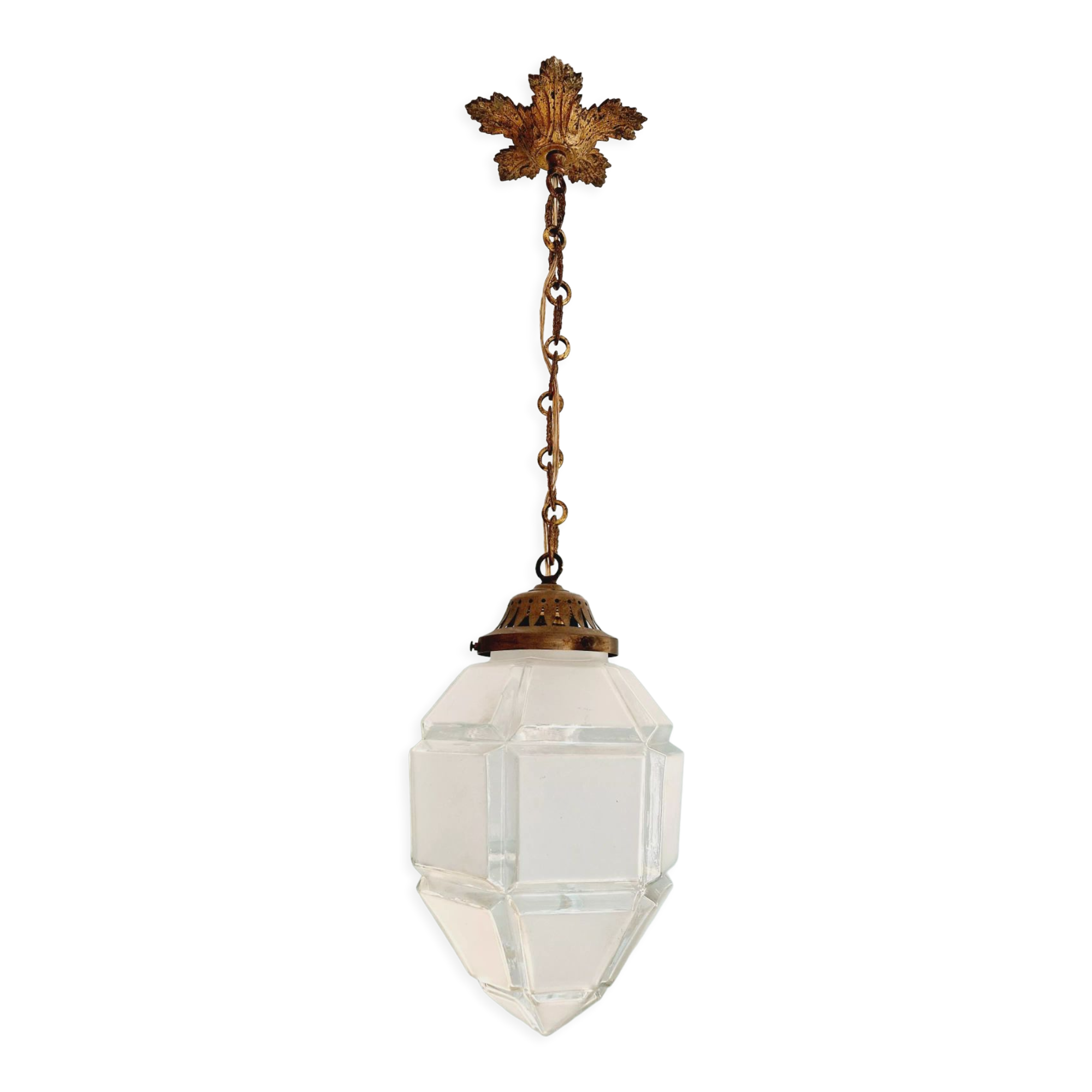 Art Deco pendant lamp in satin glass and bronze frame