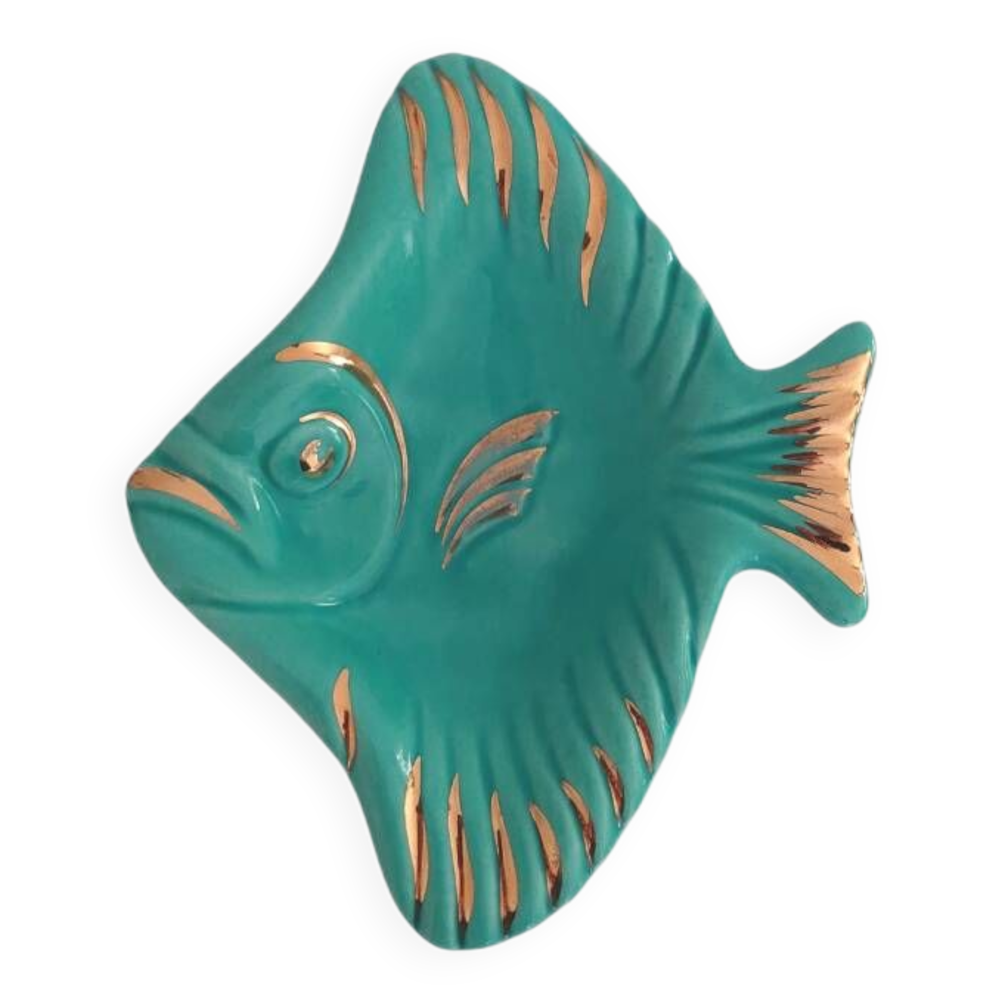 Plat Magdalithe en céramique en forme de poisson turquoise et doré des années 1950
