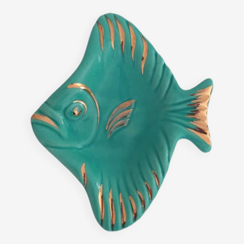Plat Magdalithe en céramique en forme de poisson turquoise et doré des années 1950