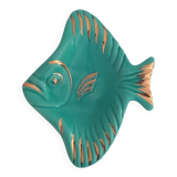 Plat Magdalithe en céramique en forme de poisson turquoise et doré des années 1950