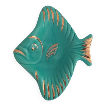Plat Magdalithe en céramique en forme de poisson turquoise et doré des années 1950