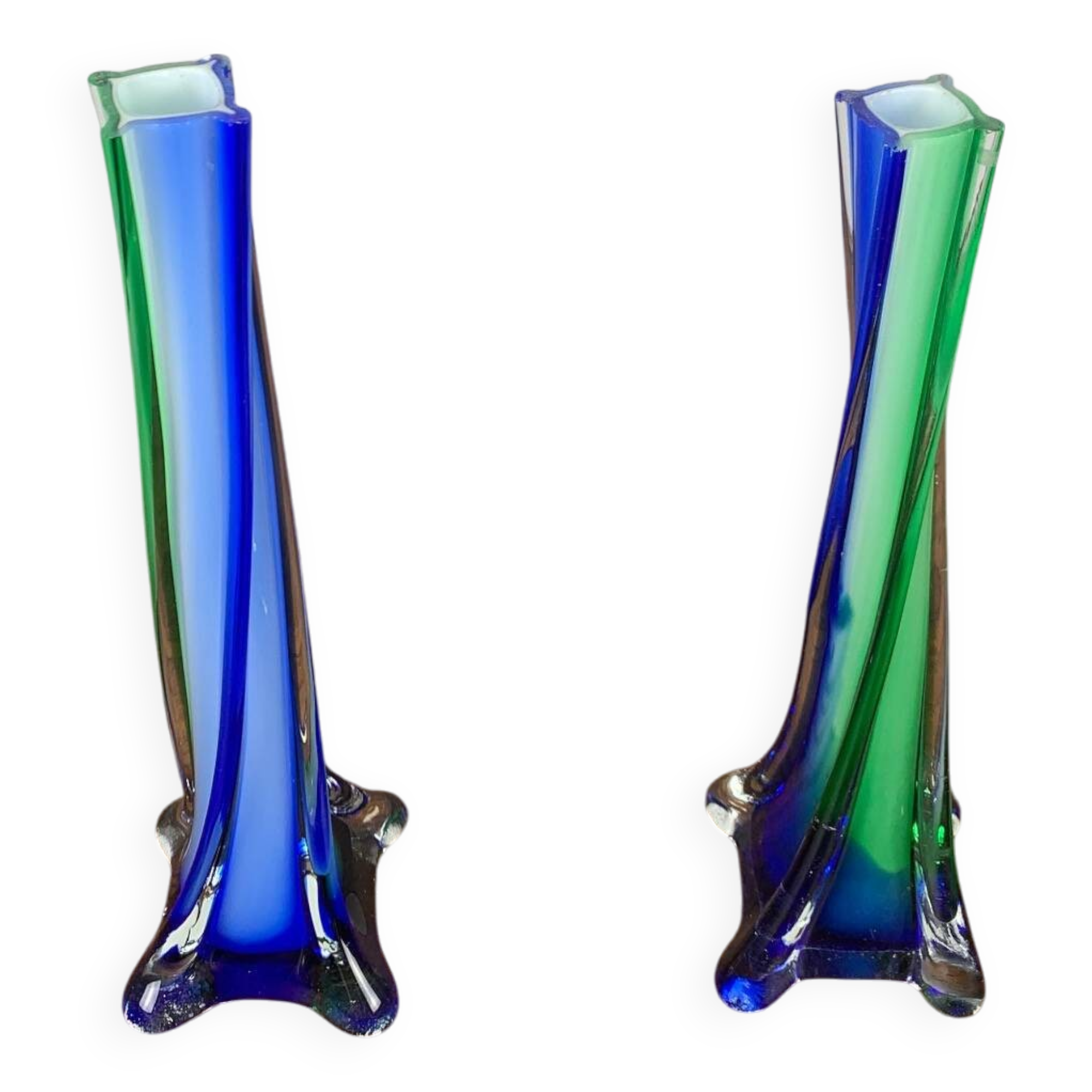 Pair of blown glass soliflores, Murano style, green & blue