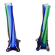 Duo de soliflores en verre soufflé de style Murano, vert et bleu