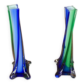 Pair of blown glass soliflores, Murano style, green & blue