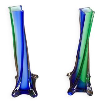 Pair of blown glass soliflores, Murano style, green & blue