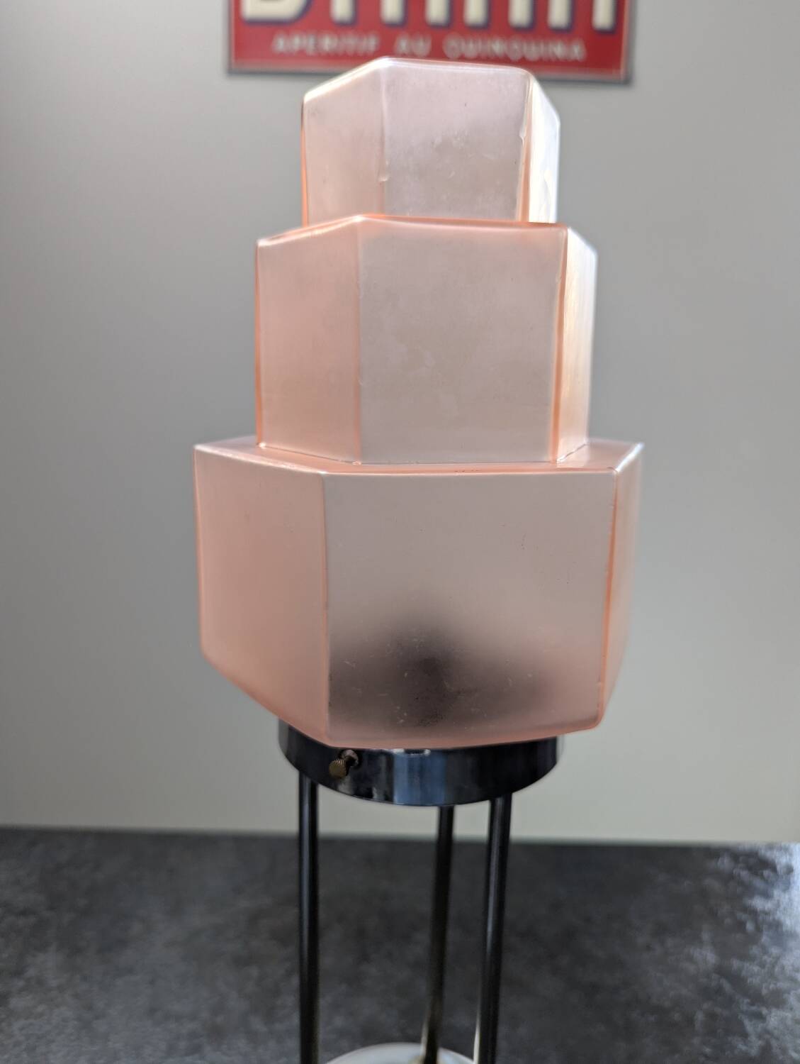 Vintage Skyscraper ceiling light, pink glass table lamp, Bauhaus Art.