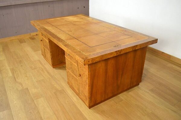 Bureau Art-Déco Double Face en Ronce de Noyer 1950