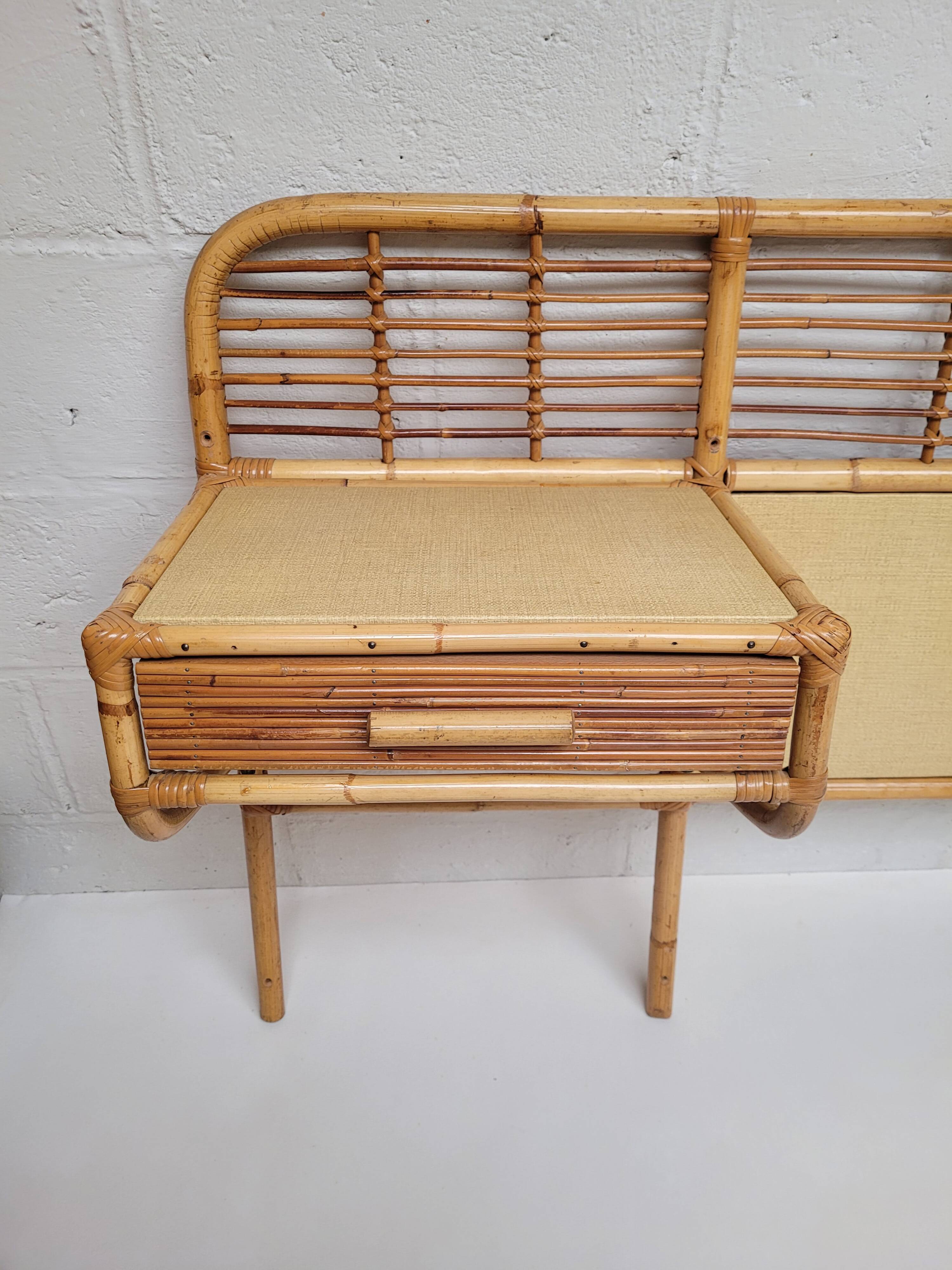 Rattan headboard with vintage bedside tables 1960
