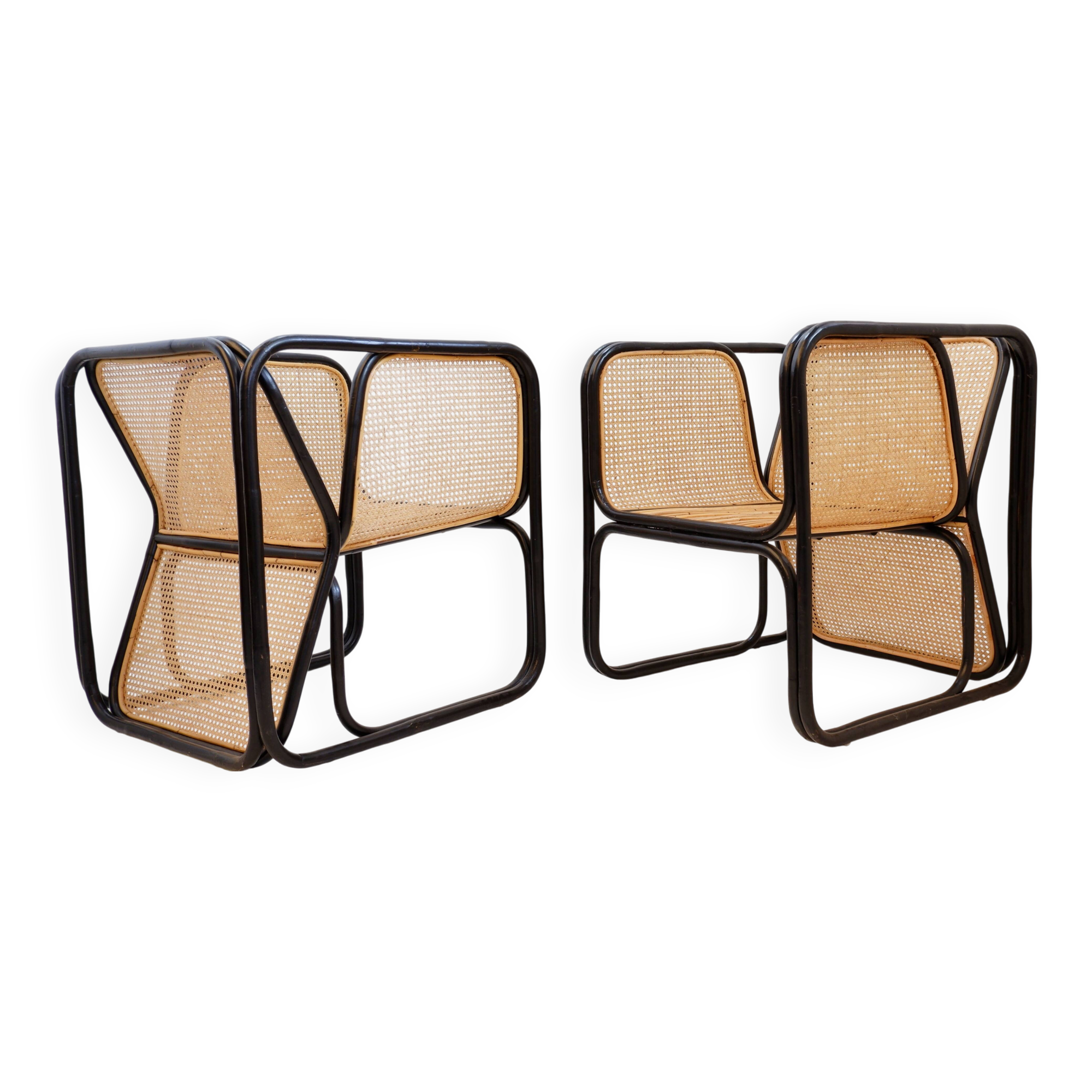 Pair of designer armchairs in curved wood and wicker