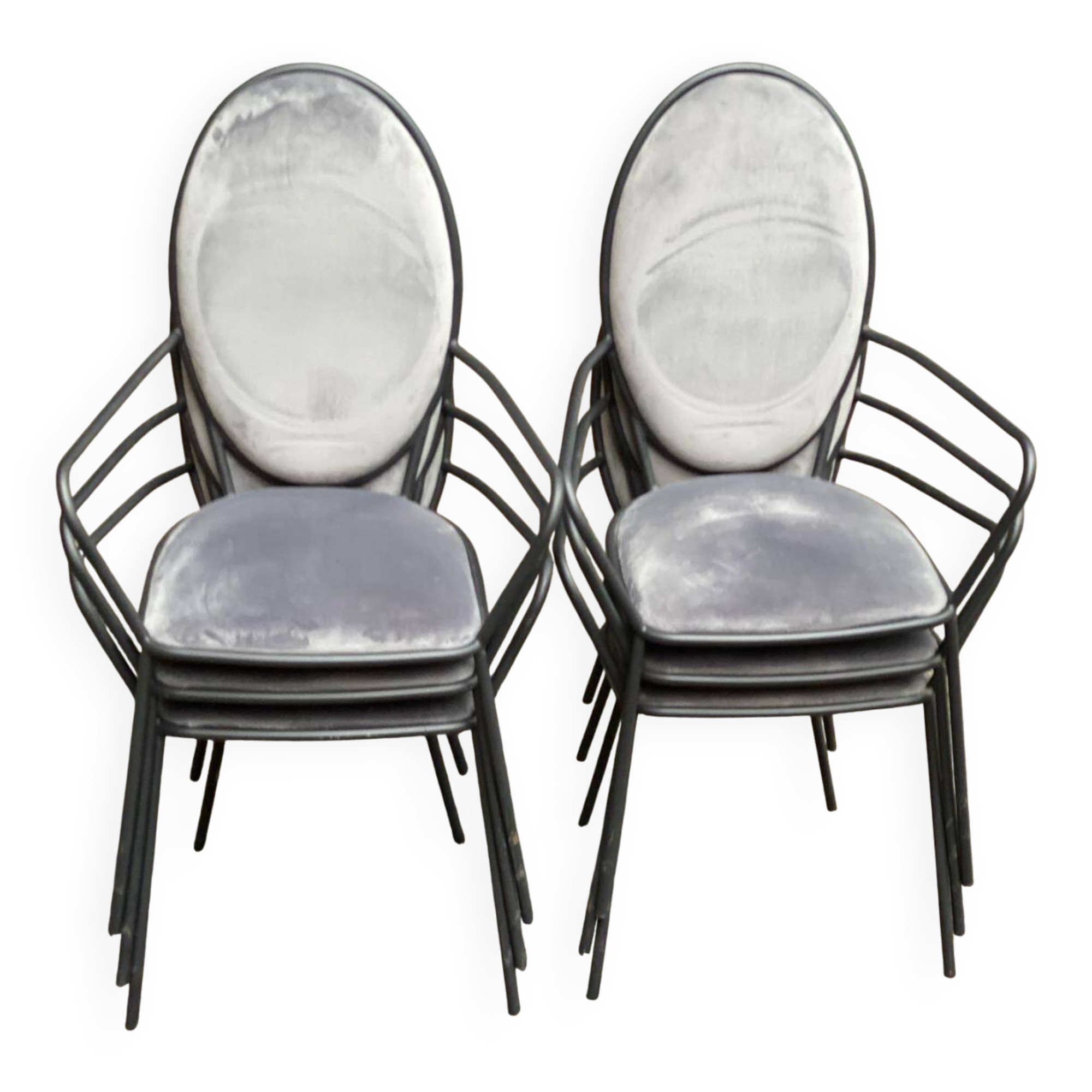 6 black and grey velvet medallion dining chairs with armrests