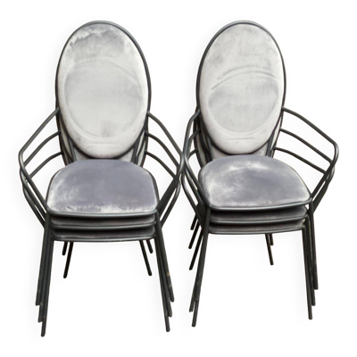 6 chaises à manger médaillon noir et velours gris avec accoudoir