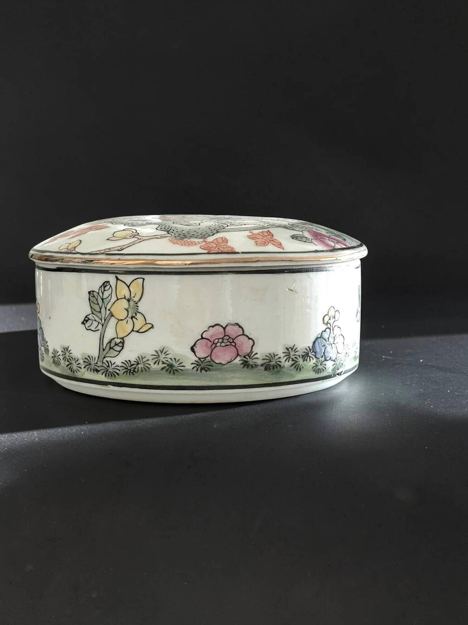 Vintage Chinese Porcelain Trinket Box H.F.P. Macau Famille Rose 1970s