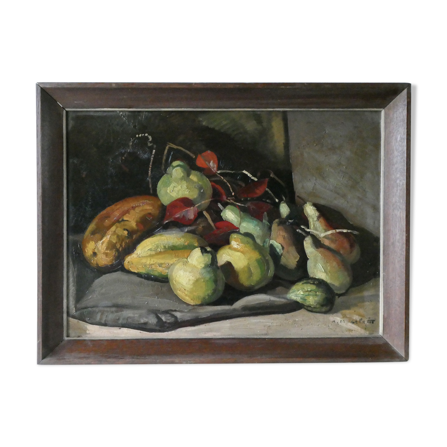 Oil on panel, still life with fruit, signed, 1930s