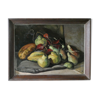 Tableau, huile sur panneau, nature morte aux fruits, signée, années 30