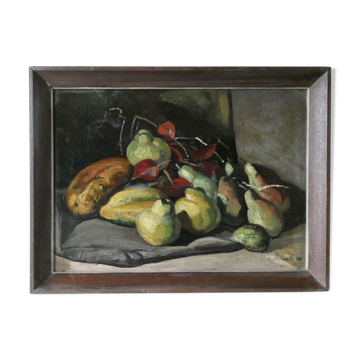 Painting, oil on panel, still life with fruits, signed, 1930s.