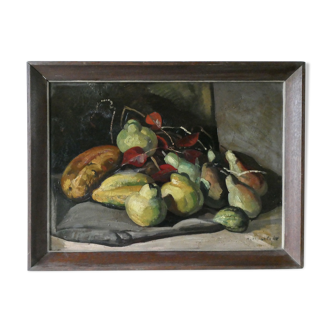 Oil on panel, still life with fruit, signed, 1930s