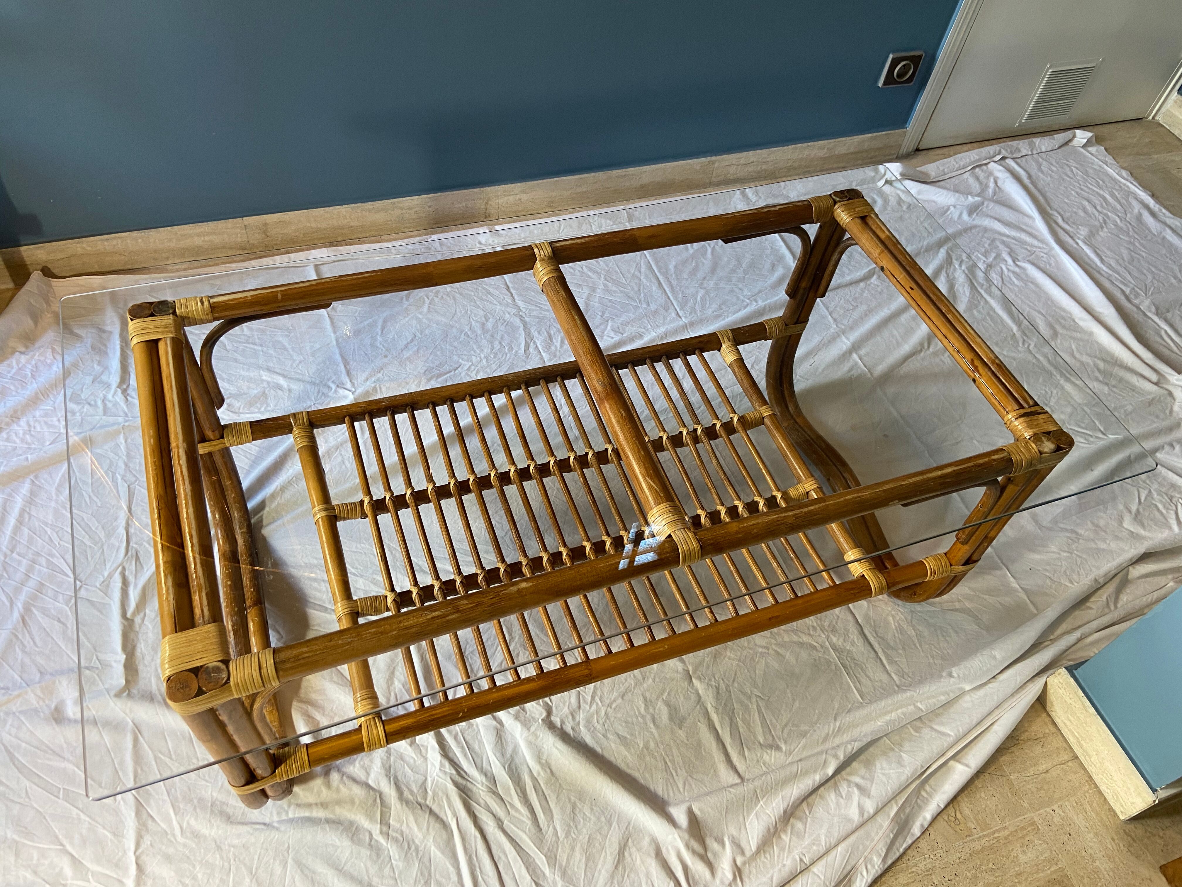 Vintage rattan and glass coffee table