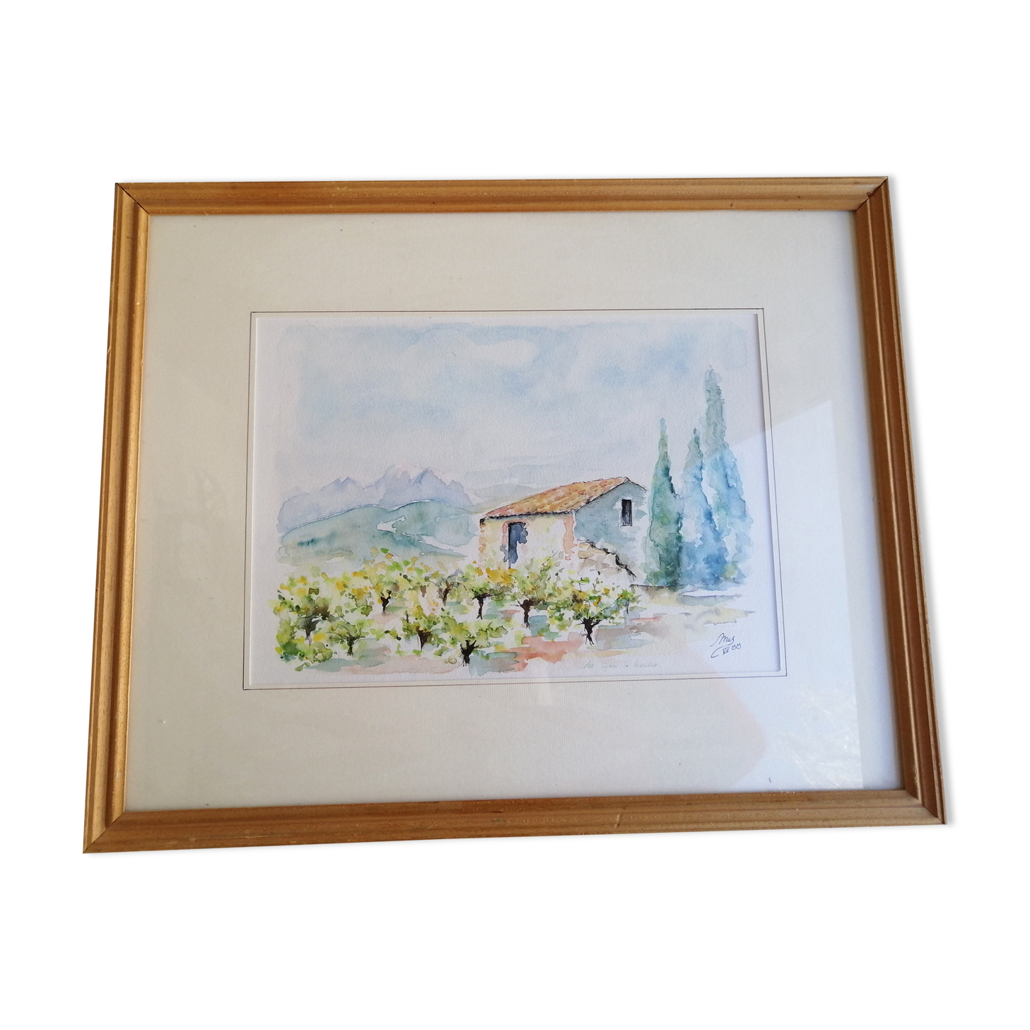 Painting Landscape of Roussillon in watercolor signed.