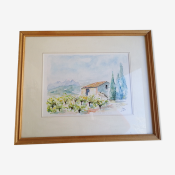 Painting Landscape of Roussillon in watercolor signed.