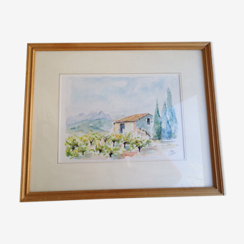 Tableau Paysage du Roussillon à l'aquarelle signé.