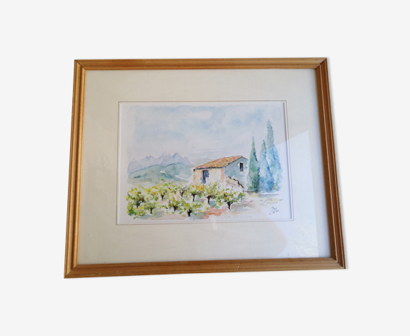 Tableau Paysage du Roussillon à l'aquarelle signé.