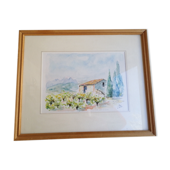 Tableau Paysage du Roussillon à l'aquarelle signé.
