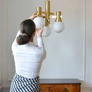 Vintage brass and opaline chandelier, 1970s, in the style of Sciolari.