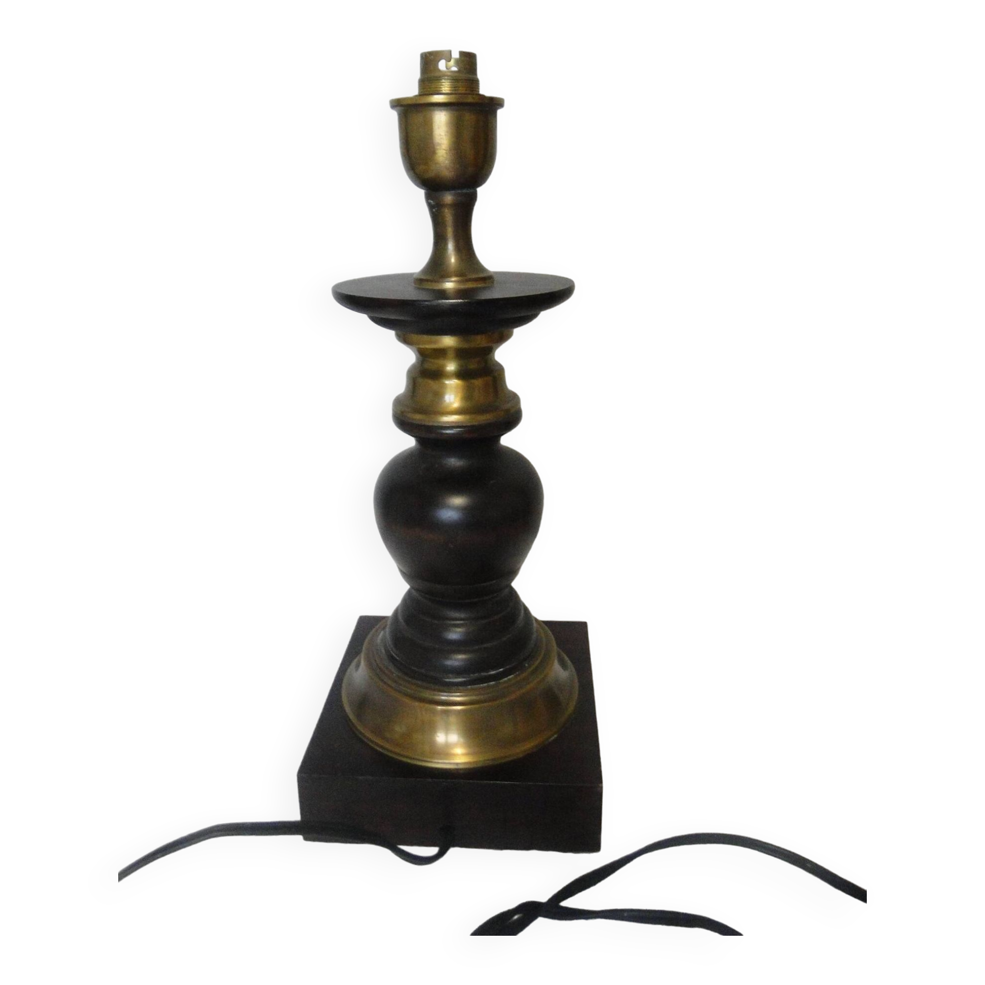 Large wood and brass table lamp stand on square base