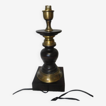 Large wood and brass table lamp stand on square base