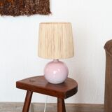 Pink ceramic lamp signed Duriez, raffia lampshade, 80s
