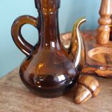 Oil, vinegar, mustard, pepper, salt, olive wood servant from Spain.