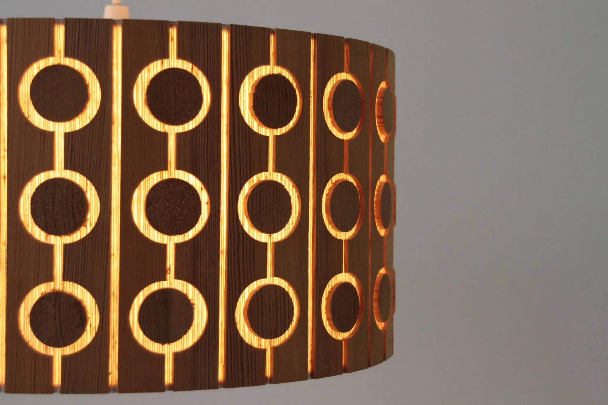 Pine Pendant Lamp – Cylindrical with Circle Pattern, Scandinavia – 1960s/1970s