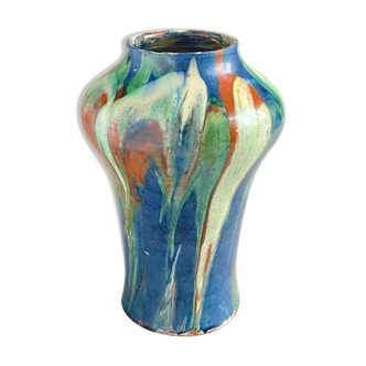 Vase vintage en céramique flammée vert bleu et marron de 21 cm de hauteur et 13 cm de diamètre