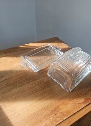 Vintage striped pressed glass butter dish