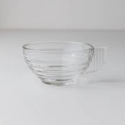 4x Transparent Glass Cups and Saucers with Grooved Embossing – Art Deco Italy 1960s, Elegant Tea Glassware Set