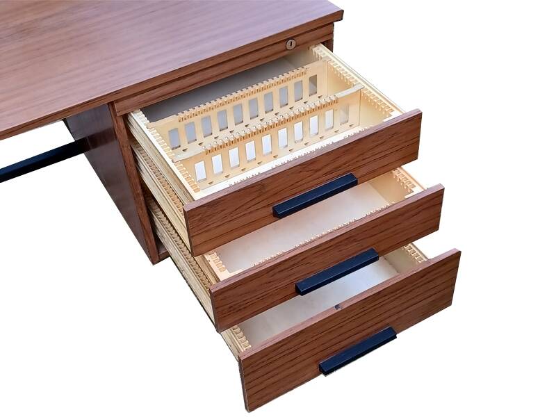 Modernist desk with double drawers in formica and metal, 1960.