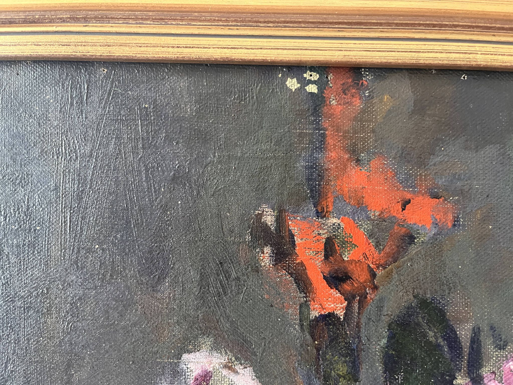 Large oil on canvas of a still life with flowers 1929, antique painting.