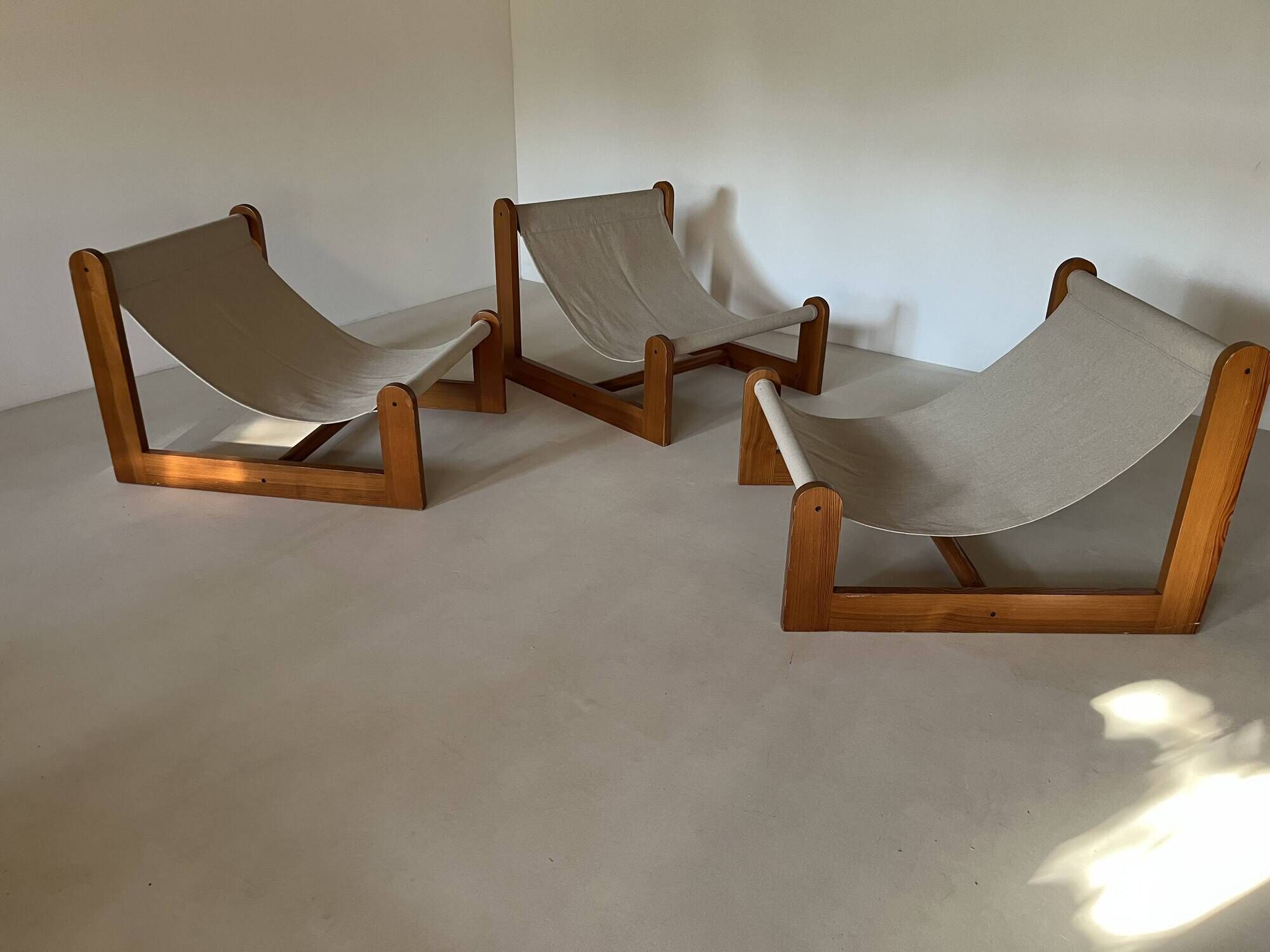 Sling chair in pine, canvas and sheepskin, 1970s