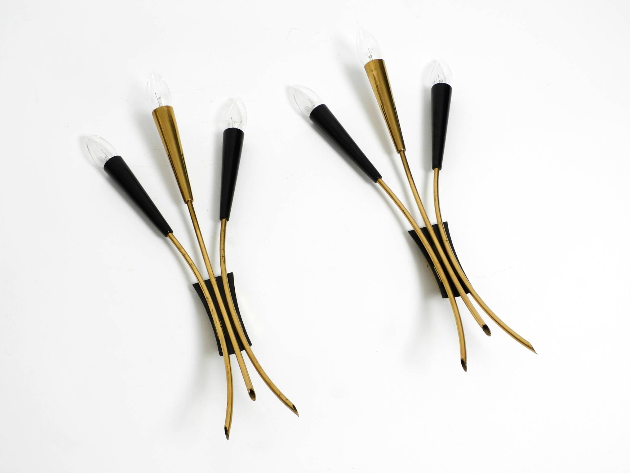 Two beautiful large Mid Century Modern brass 3-light cone wall lamps