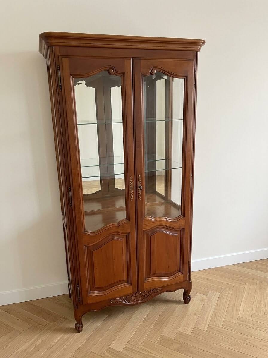 Antique cherry wood display cabinet in Louis XV style