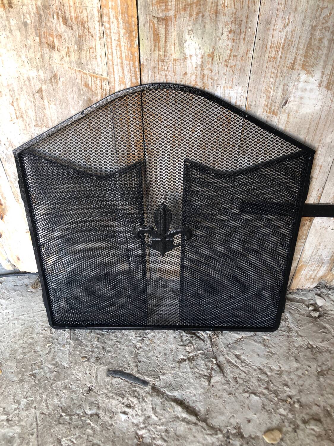 Grilled Fire Screen Fireplace 3 Shutters Black Metal Fleurs De Lys Vintage #A344