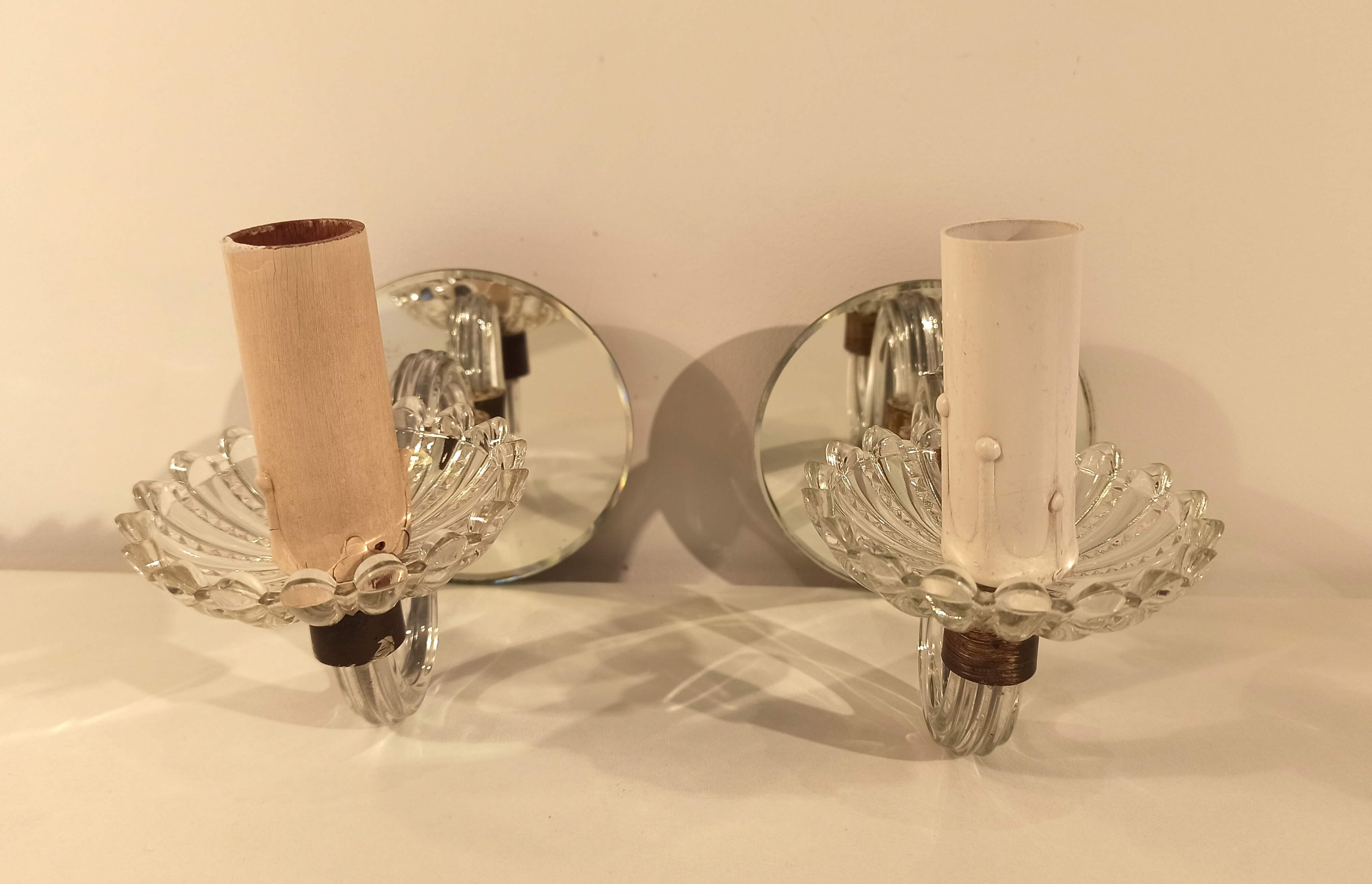 Pair of old glass  wall light and mirror vintage twisted arms
