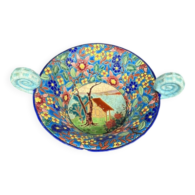 Longwy : Importante coupe ou vide poche en émaux polychromes cloisonnés